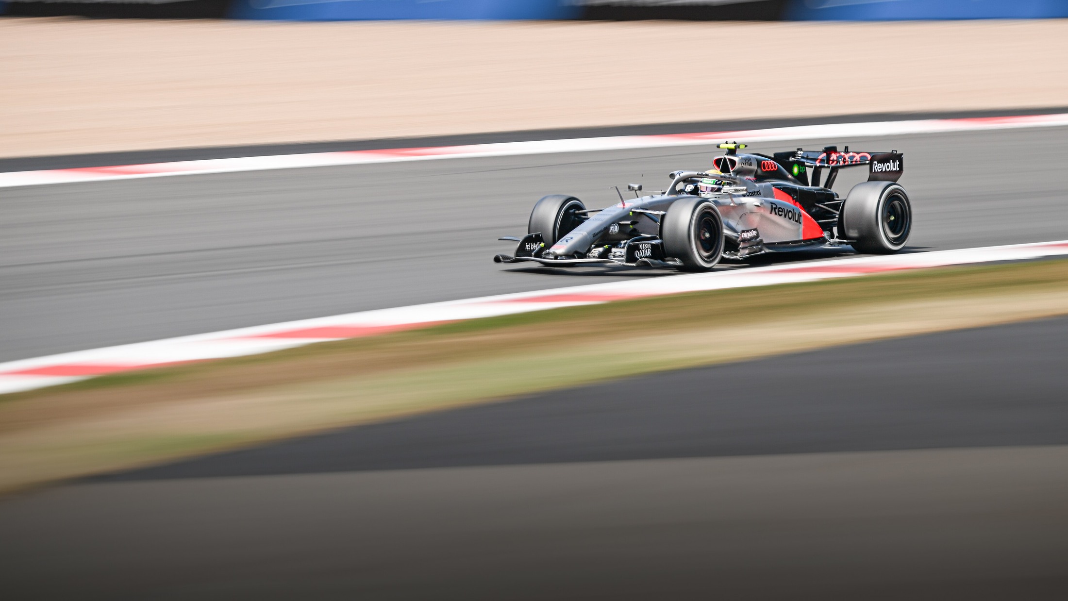 Gabriel Bortoleto driving the Audi Formula 1 car at the 2026 British Grand Prix